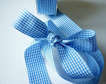 Blue and white gingham Ribbon 25 mm - by the yard - manufacturing France