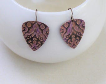 Guitar Pick Earrings, Guitar Pick Jewelry, Music Jewelry, Musician Gift, Patina Jewelry, Vintaj Jewelry, Light Purple Jewelry, Brass Jewelry