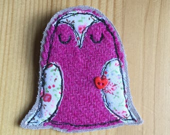 Owlie Harris tweed brooch, applique pin, embroidered brooch, pink owl brooch pin, tweed brooch, made in Scotland