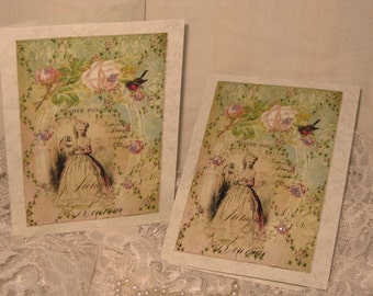 Vintage French Design Marie Antoinette Handmade Cards Adormed with Bling on Parchment ECS