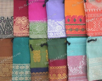 Recycled Sari Drawstring Gift Bags, 12 ~ 4 x 3" Fabric Gift Bags, Multi Colored Gift Bags, Bohemian Gift Bags, Handcrafted Bags MS-034-26