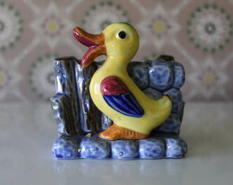 Vintage Duck Planter, Ceramic Duck Planter, Blue and Yellow Duck Planter, Pottery Duck Planter, Duck Pot, Duck Statue, Easter Planter