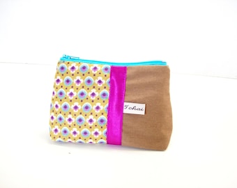 purse beige and purple floral fabric , coin case in canvas flowered , zippered case