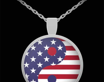 American Flag Yin Yang Pendant - Silver Plated Necklace - Free Shipping