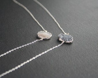 Silver Necklace with Druzy Pendant - White, Black, Gray Druzy - Natural Druzy