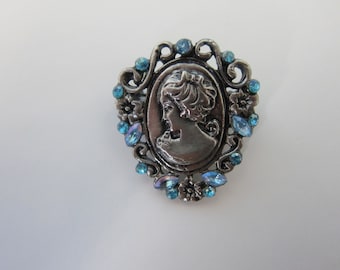 Antique Silver Tone Vintage Brooch with Light Blue Rhinestones
