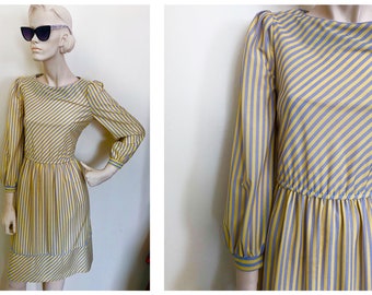 1970s MOD yellow and blue striped secretary dress // Flouncy cuffed sleeve whimsical striped dress size S