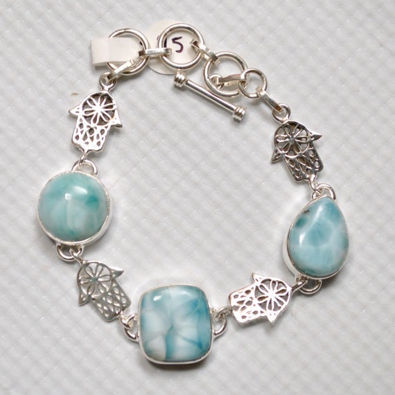 Sterling Silver Three Stone Larimar with Design Bracelet #7146