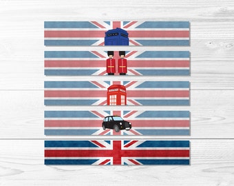 UK British Water Bottle Wraps -- Union Jack, Police Box, Royal Guard, Phone Booth, London Birthday, Printable, Instant Download