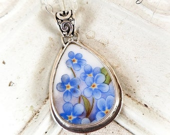 Forget Me Nots Teardrop Broken China Jewelry Sterling Pendant Necklace