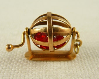 Antique 14K Gold and Glass Bead Mechanical Bingo Cage Charm