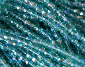 4mm Light Teal AB Fire Polished Beads - Czech Glass Beads - Bead Soup Beads