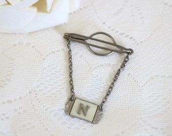 Barre de liaison hommes Vintage art nouveau avec N initial et crème celluloid nacré insert et métal argenté.