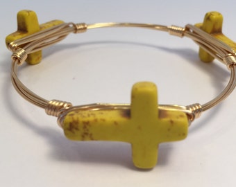 Yellow Magnesite Cross Wire Wrapped Bangle, Cross Wire Wrapped Bracelet, Cross Bangle, Cross Bracelet