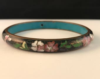 Beautiful Vintage Black Floral Cloisonné Bangle Bracelet