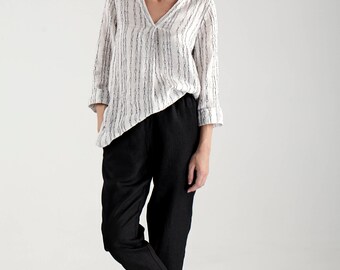 White Linen Blouse / White Linen V-Neck Top / White Linen V-Neck Blouse