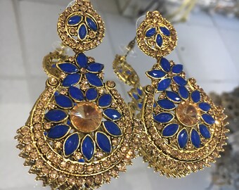 Indian style royal blue and antique gold earrings