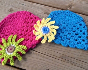 PDF Crochet Pattern - Cayleigh Cotton Beanie Hat with SUNBURST FLOWER - Newborn to Adult