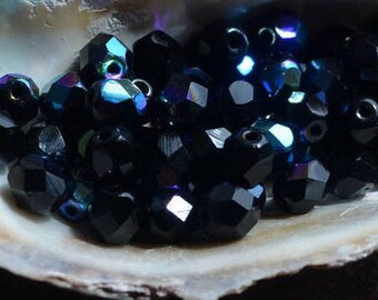25 pc Czech firepolish glass beads 6mm Jet AB