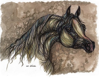 the grey arabian horse watercolor painting