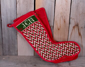 1980's Era Needlepoint Personalized Christmas Stocking Jen Red Green White Zipper