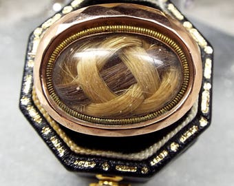 Antique Victorian Solid 9ct Rose Gold Mourning Plaited Hair Locket Brooch Pin