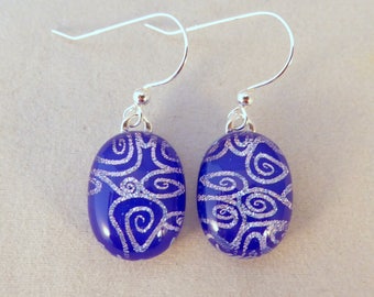 Blue & Silver Dichroic Fused Glass Dangle Earrings, Blue, Fused Glass, Fused Glass Earrings, Dichroic, Dangle Earrings, Silver