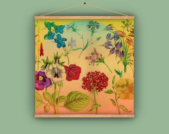 Garden flowers, dianthus, flower lover, natural history, gift for gardener, antique, vintage, 1880s, wall hanging, yellow
