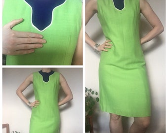 60s Vintage green linen shift mod dress uk 10/12