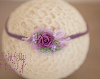 Rustic Newborn Plum Baby Headband Fits All in purples plum n lavenders Shabby Chic baby 1st photo shoots fits all *SHIPS FREE