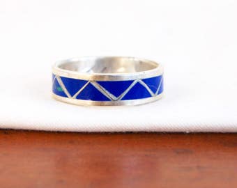 Blue Chevron Ring Band Size 11 .5 Vintage Southwestern Sterling Silver Mens Ring Gift for Him