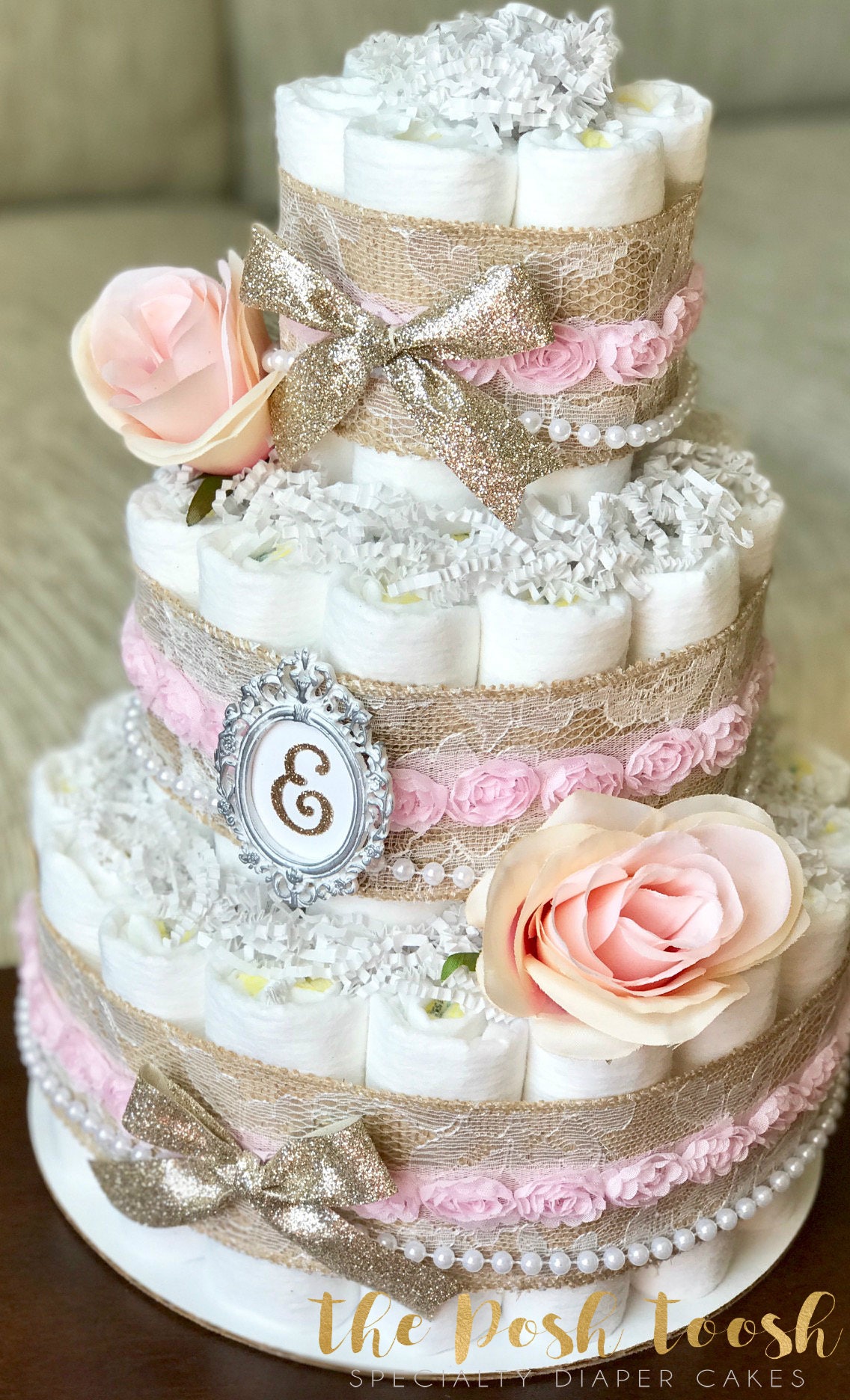 Shabby Chic Pink Gold Floral Diaper Cake Baby Girl Pearl