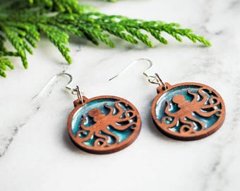 Octopus Earrings, Octopus Jewelry, Octopus Gift, Wood Resin Earrings, Ocean Earrings, Turquoise Earrings, Beach Earrings, Beach Jewelry