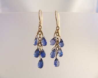Tiny blue kyanite teardrop briolette earrings 1 3/8" total 14k gold filled gemstone handmade item 449