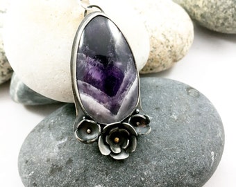 Chevron amethyst pendant, metalsmithed silver necklace, botanical details, oxidized silver pendant, one of a kind jewelry, gift for women