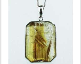 EP010403) Gold Rutilated Quartz Pendant, 925 Silver, Octagon Shape