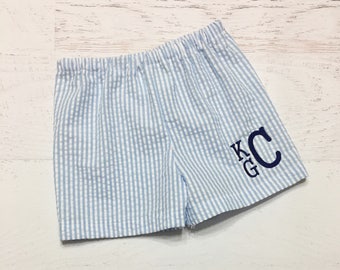 Monogrammed Seersucker Shorts- - Blue Seersucker Shorts - Summer Outfit - Boy Shorts - Girl Shorts - Seersucker Shorts