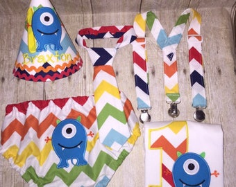 Boys Cake Smash Outfit - Monster Party - Diaper Cover, Tie (or Bow Tie) , Birthday Hat & Personalized Monster Shirt - First 1st Birthday