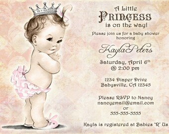 Vintage Baby Shower Invitation For Girl - Princess - Crown - Pink - DIY Printable