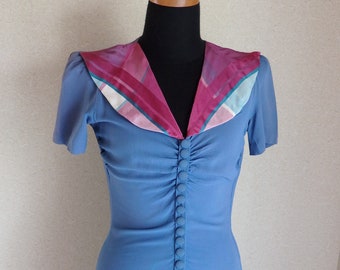 1940s rayon dress/ 40s teal blue rayon and plaid taffta evening gown xxs xs