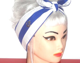 Sailor Nautical Headband Navy blue and white Stripes Anchor charm Pinup Vintage Retro Style 50s