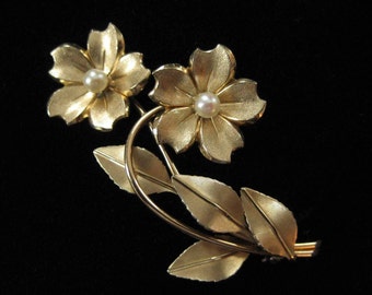 Krementz Gold Overlay Genuine Pearl Flower Brooch