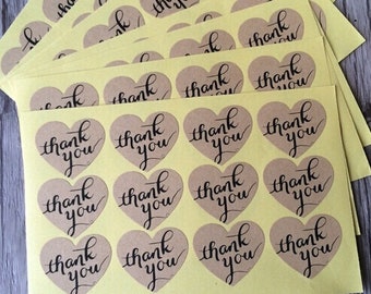 Vintage Heart Shaped Kraft Thank You Stickers / 36 Labels Per Set