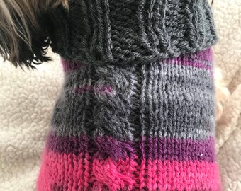 Pink, Purple and Grey Dog Sweater Hand Knit Small With Cable Down Back