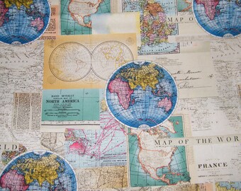 BTY Vintage Cartography World Map 100% Cotton Quilt Craft DAVID TEXTILES Fabric by the Yard