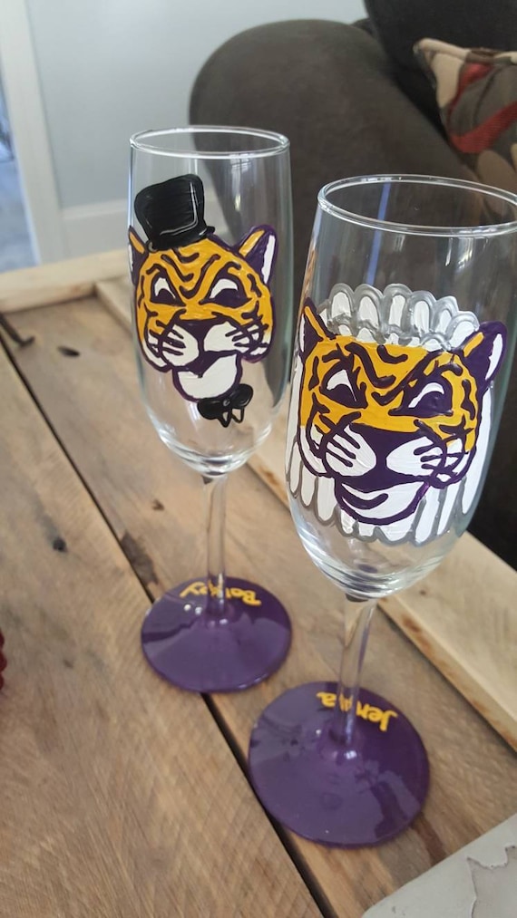 LSU wedding glasses Mike the Tiger Wedding toasting flutes