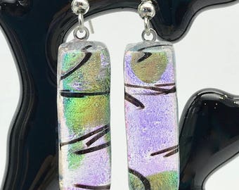 Dichroic Glass Earrings, Fused Glass Earrings, Shimmery Colored Glass, Rectangle Glass Earrings