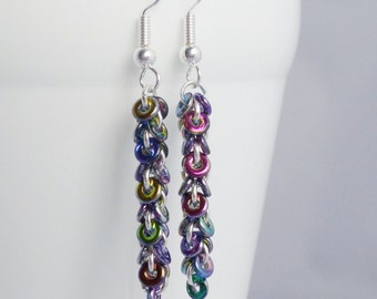 Long Rainbow Earrings, Delicate Dangle Earrings, Circle Drop Earrings, Colourful Chain Jewellery, Gift for Her, Funky Ring Earrings