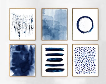 Abstract Watercolor Prints Set of 6 Blue Wall art Minimalist art Indigo Painting Navy Stripes Splatter Brushstrokes Blue White Home Decor