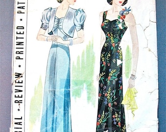 Spring Sale 1930s Evening Gown Pattern by Pictorial Review 9141 Vintage Sewing 30s Dress Pattern 1930s Bolero Jacket Bust 36 inches